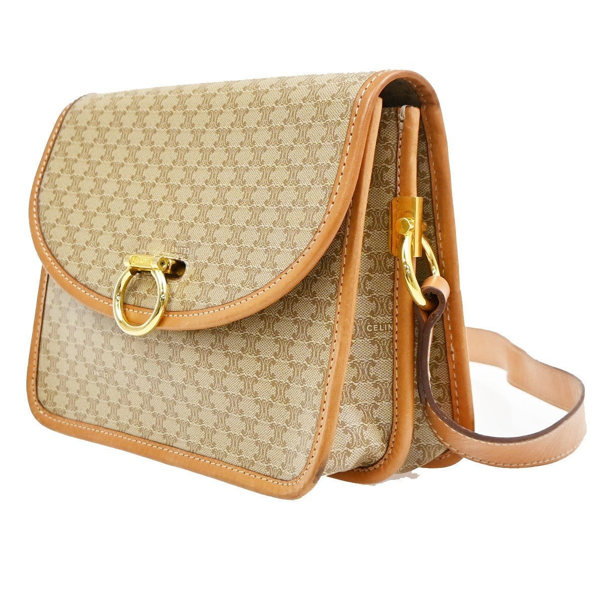 Celine Vintage Macadam Circle Logo Canvas and Leather, Beige, PVC, Shoulder Bag