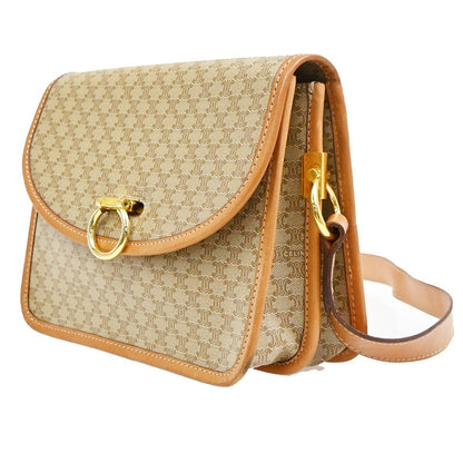 Celine Vintage Macadam Circle Logo Canvas and Leather, Beige, PVC, Shoulder Bag