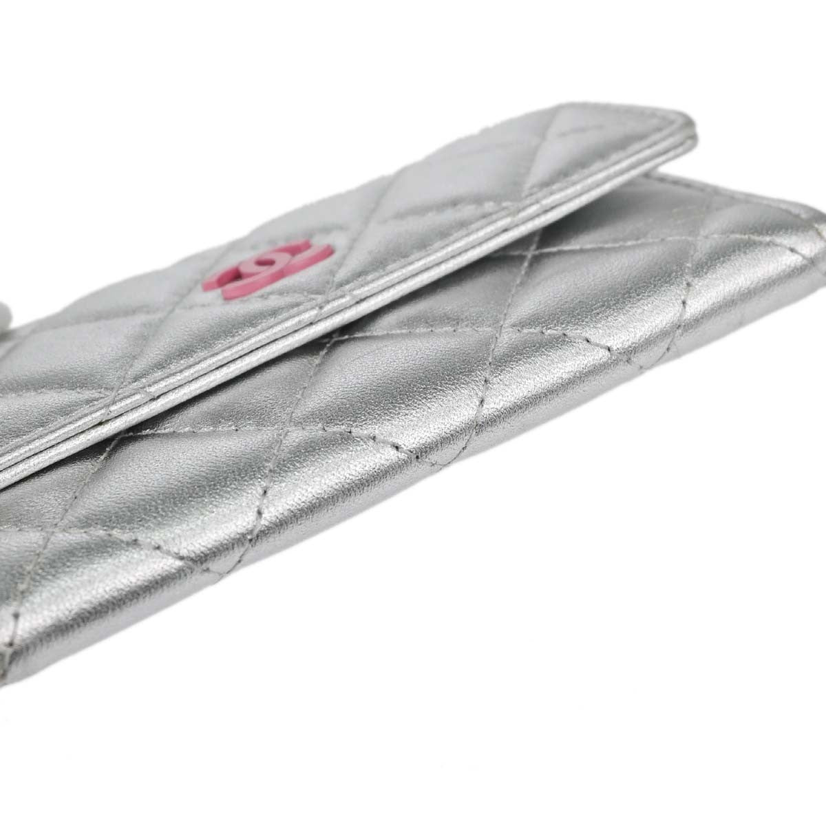 Chanel CC Flap Card Case Quilted Lambskin, Silver, Leather, Card Holder