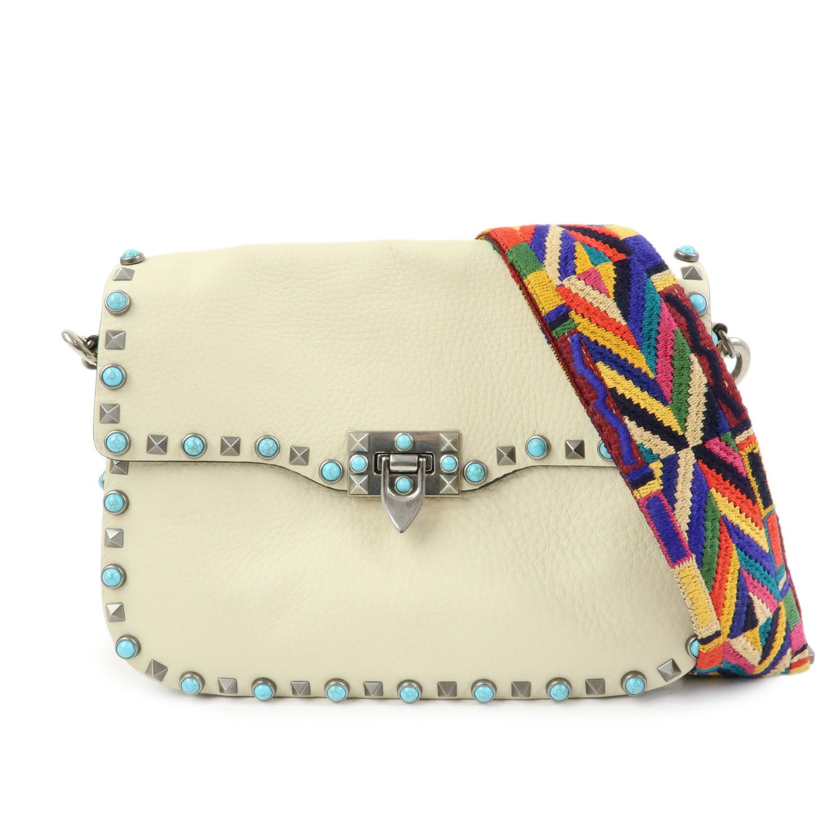 Valentino Garavani Rolling Rockstud Leather with Cabochons, Multicolour, Leather, Crossbody Bag