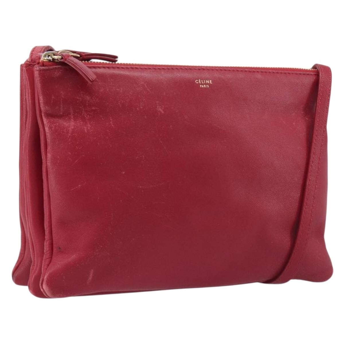 Celine Trio Leather, Red, Leather, Crossbody Bag
