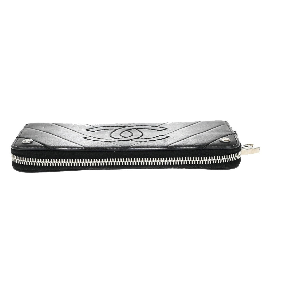 Chanel CC Charm Zip Around Quilted Lambskin, Black, Leather, Wallet