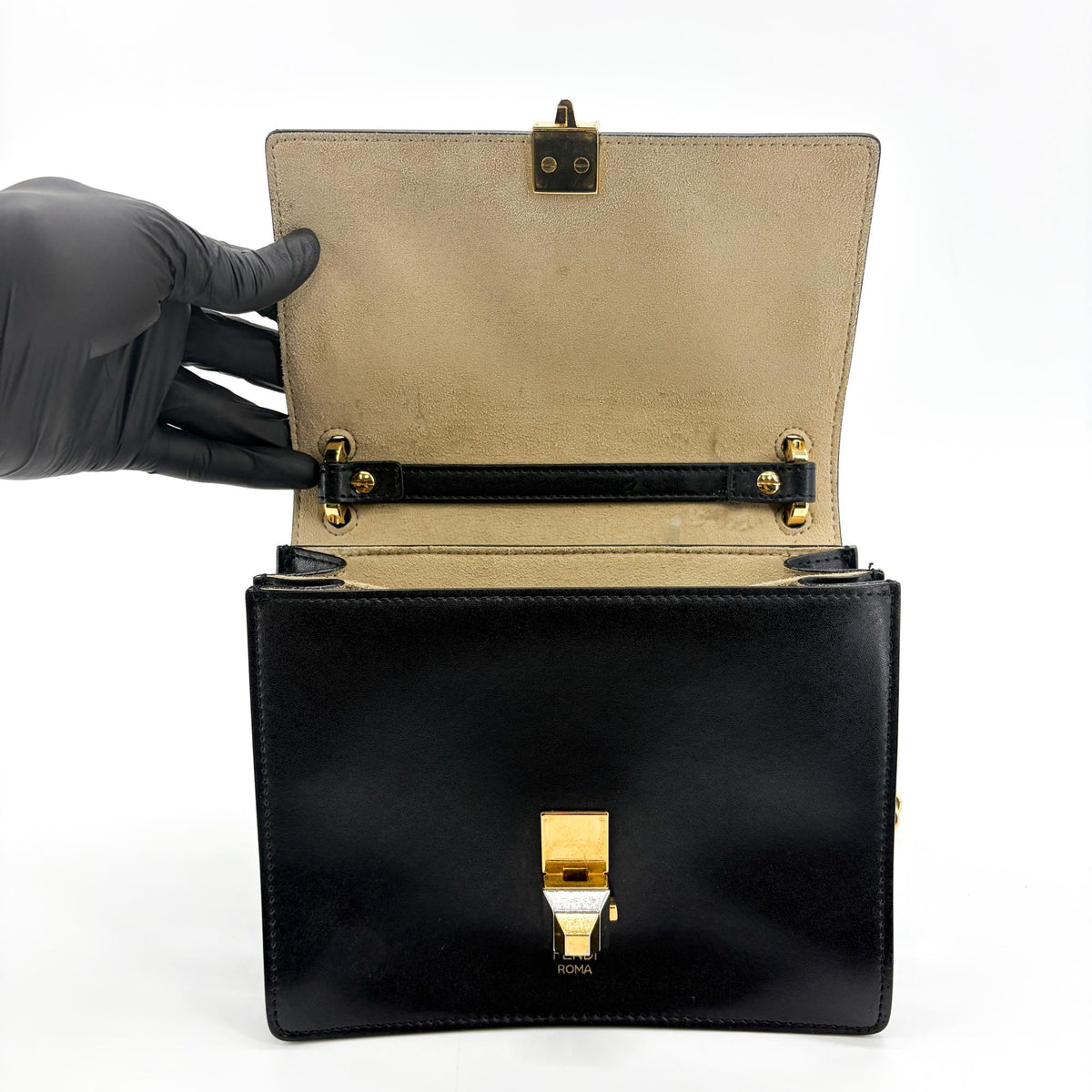 Fendi Kan I Zucca Embossed Leather, Black, Leather, Shoulder Bag