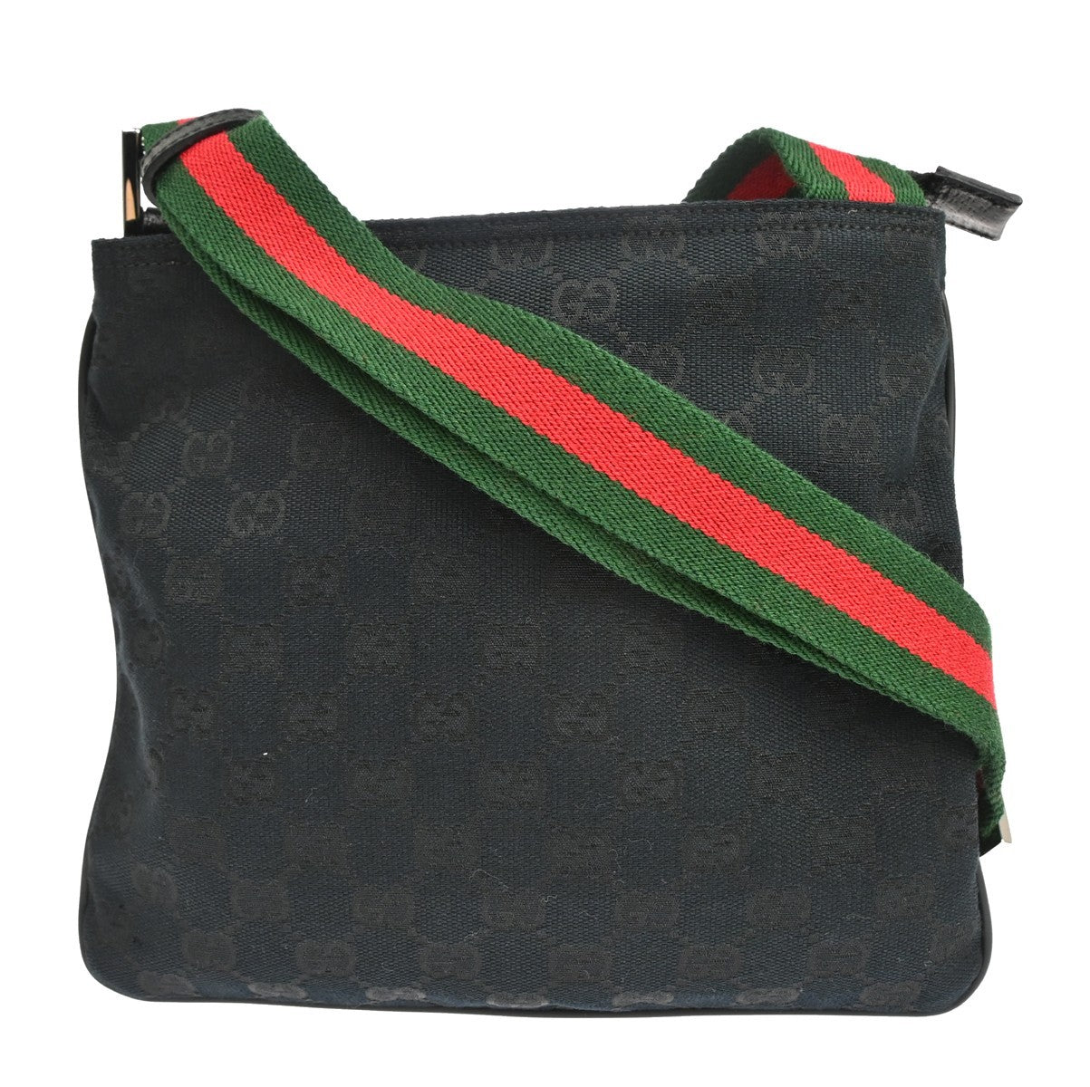 Gucci Web Strap Zip Messenger GG Canvas and leather, Black, Canvas, Shoulder Bag
