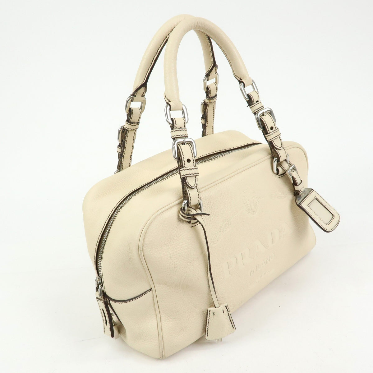 Prada Embossed Logo Bauletto Vitello Daino, Beige, Leather, Handbag