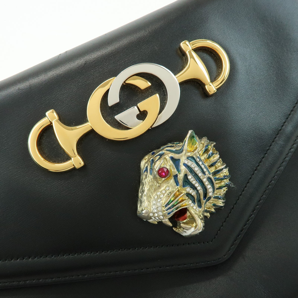 Gucci Rajah Chain Leather, Black, Leather, Tote Bag