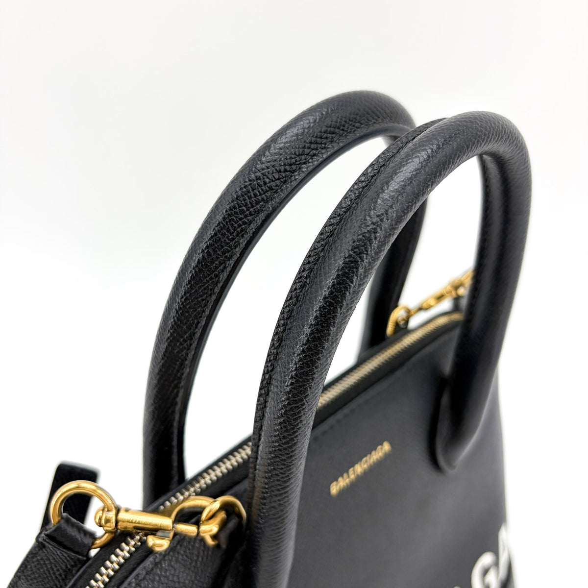 Balenciaga Logo Ville Leather, Black, Leather, Handbag