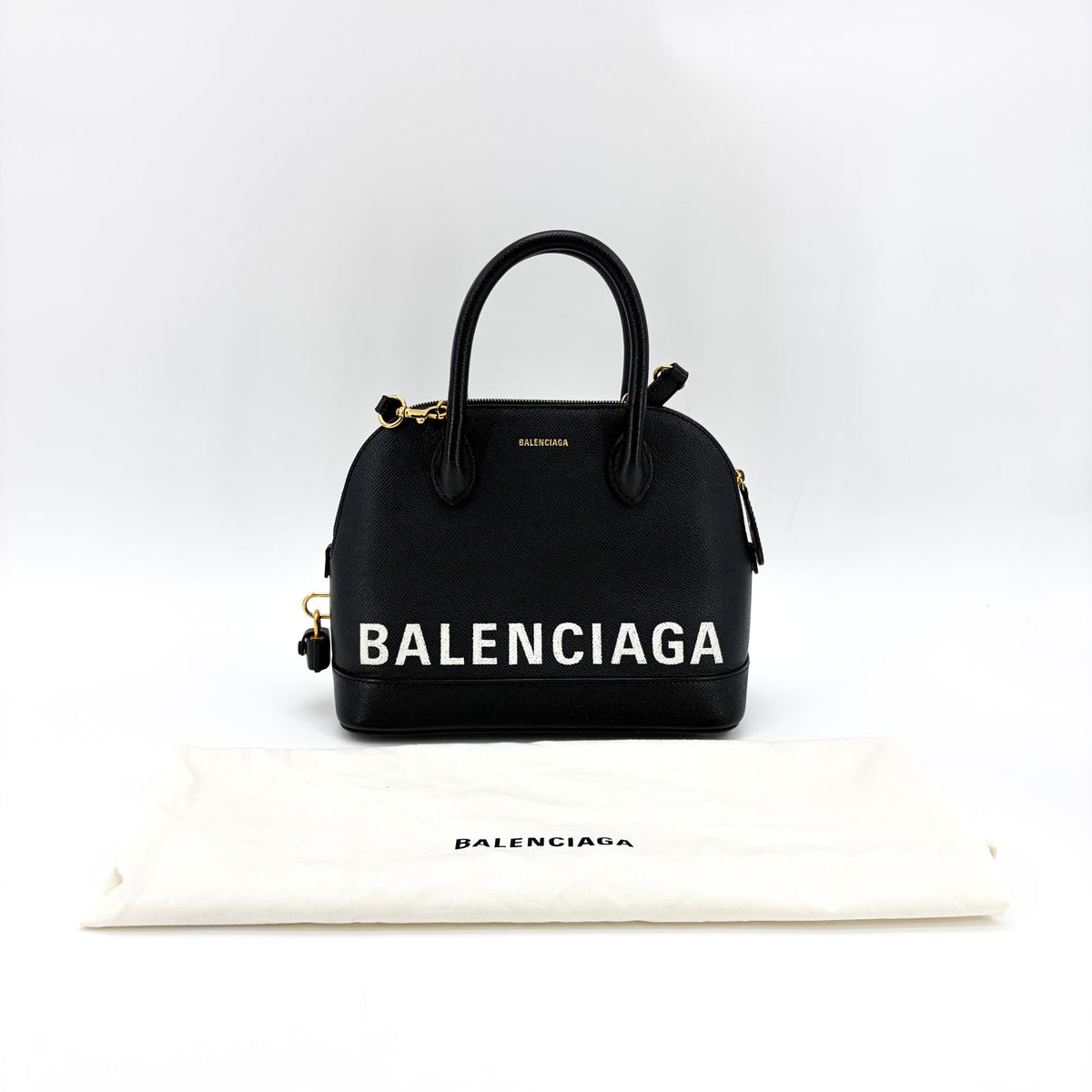 Balenciaga Logo Ville Leather, Black, Leather, Handbag