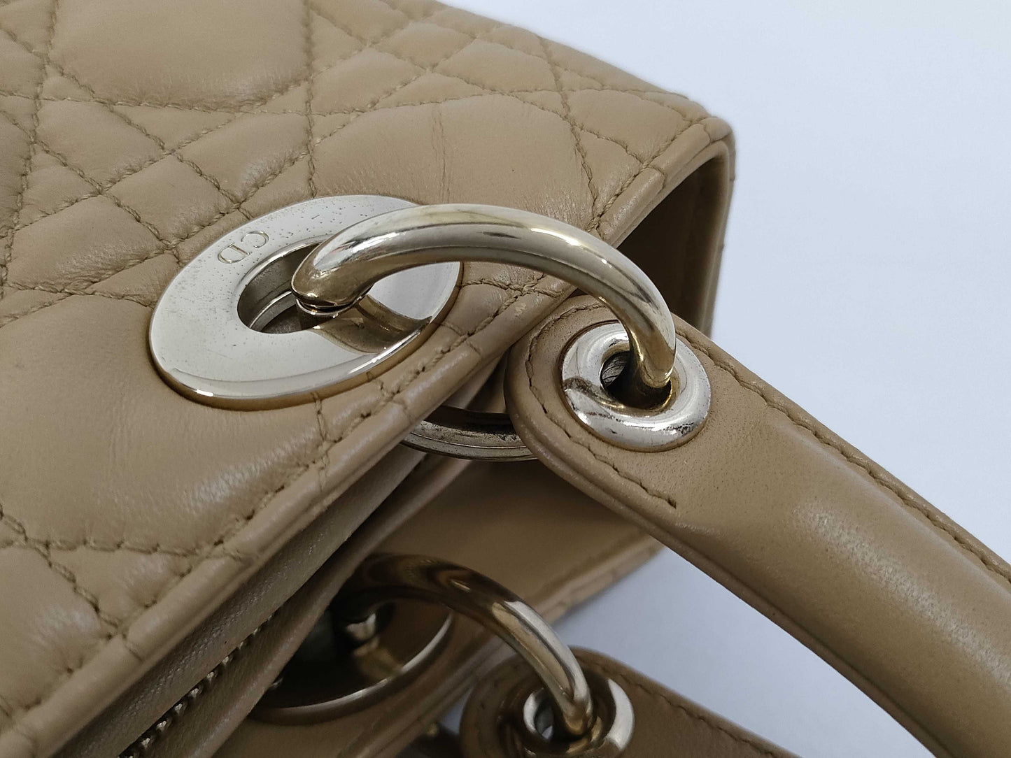 Christian Dior Lady Dior Cannage Quilt Lambskin, Beige, Leather, Handbag