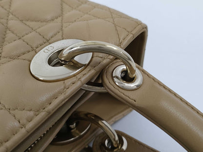 Christian Dior Lady Dior Cannage Quilt Lambskin, Beige, Leather, Handbag