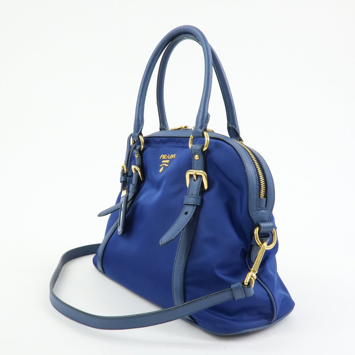 Prada Convertible Dome Satchel Tessuto with Saffiano Leather, Blue, Nylon, Handbag