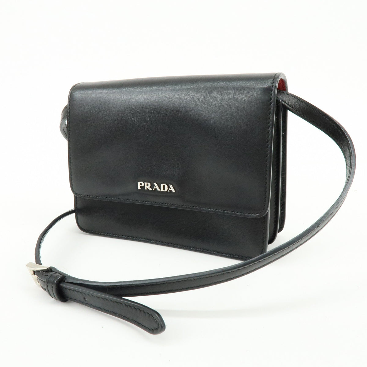 Prada Wallet on Strap City Calfskin, Black, Leather, Crossbody Bag