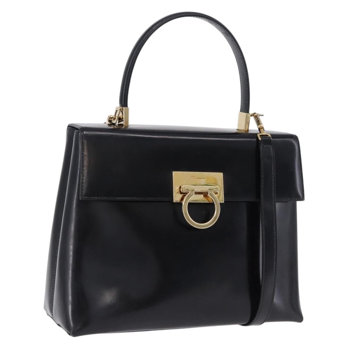 Salvatore Ferragamo Gancini Top Handle Leather, Black, Patent Leather, Handbag