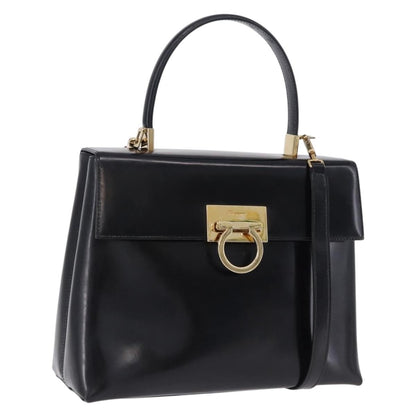 Salvatore Ferragamo Gancini Top Handle Leather, Black, Patent Leather, Handbag