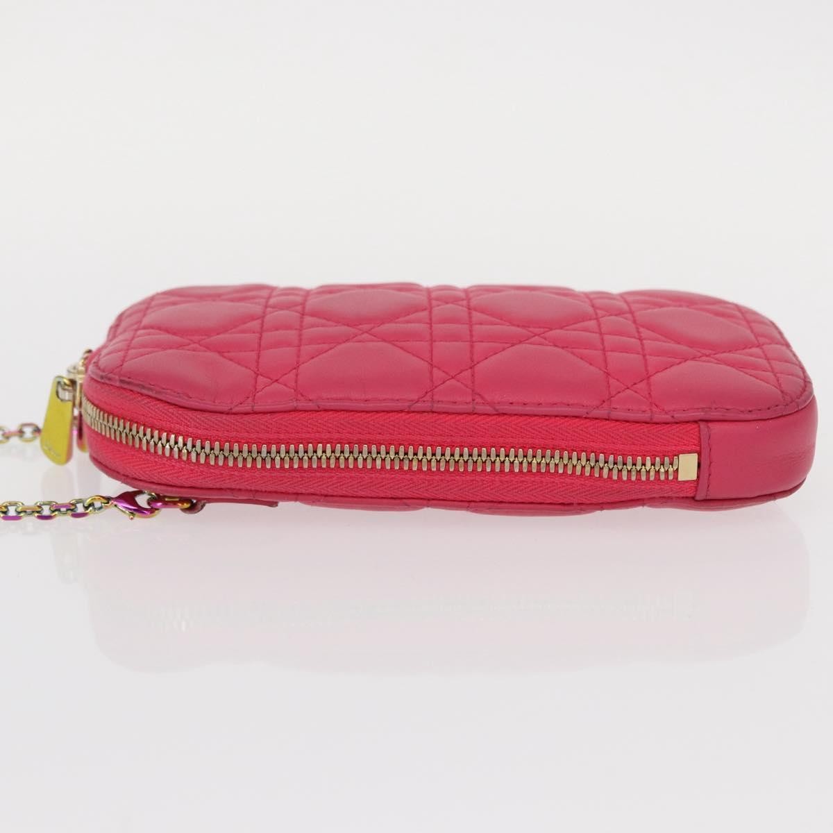Christian Dior Lady Dior Phone Holder on Chain Cannage Quilt Lambskin, Pink, Leather, Clutch