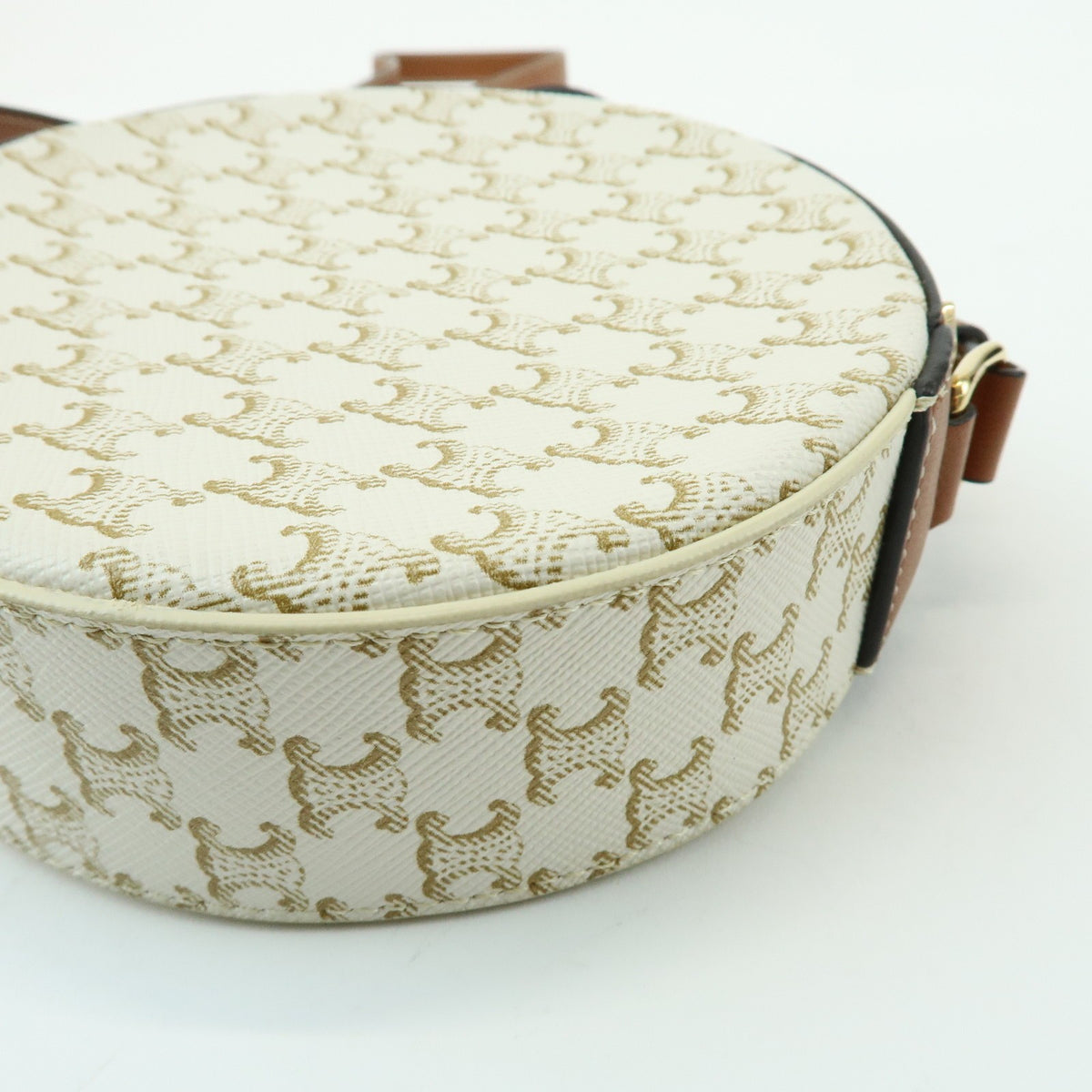 Celine Round Purse on Strap Triomphe Coated Canvas, Beige, Canvas, Crossbody Bag