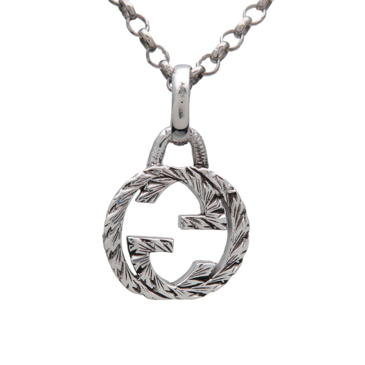 Gucci Engraved Interlocking G Chain Link Pendant Sterling Silver, Silver, Silver, Necklace