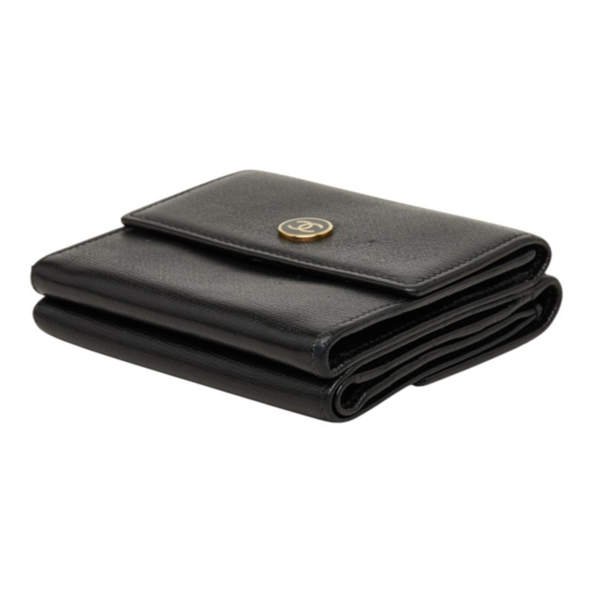 Chanel CC Button Bi-Fold Leather, Black, Leather, Wallet