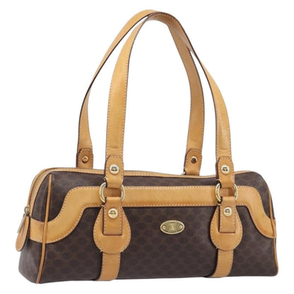 Celine Vintage Shoulder Bag Macadam Canvas & Leather, Brown, PVC, Shoulder Bag