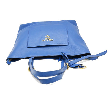 Prada Front Pocket Shopping Vitello Daino, Blue, Leather, Tote Bag