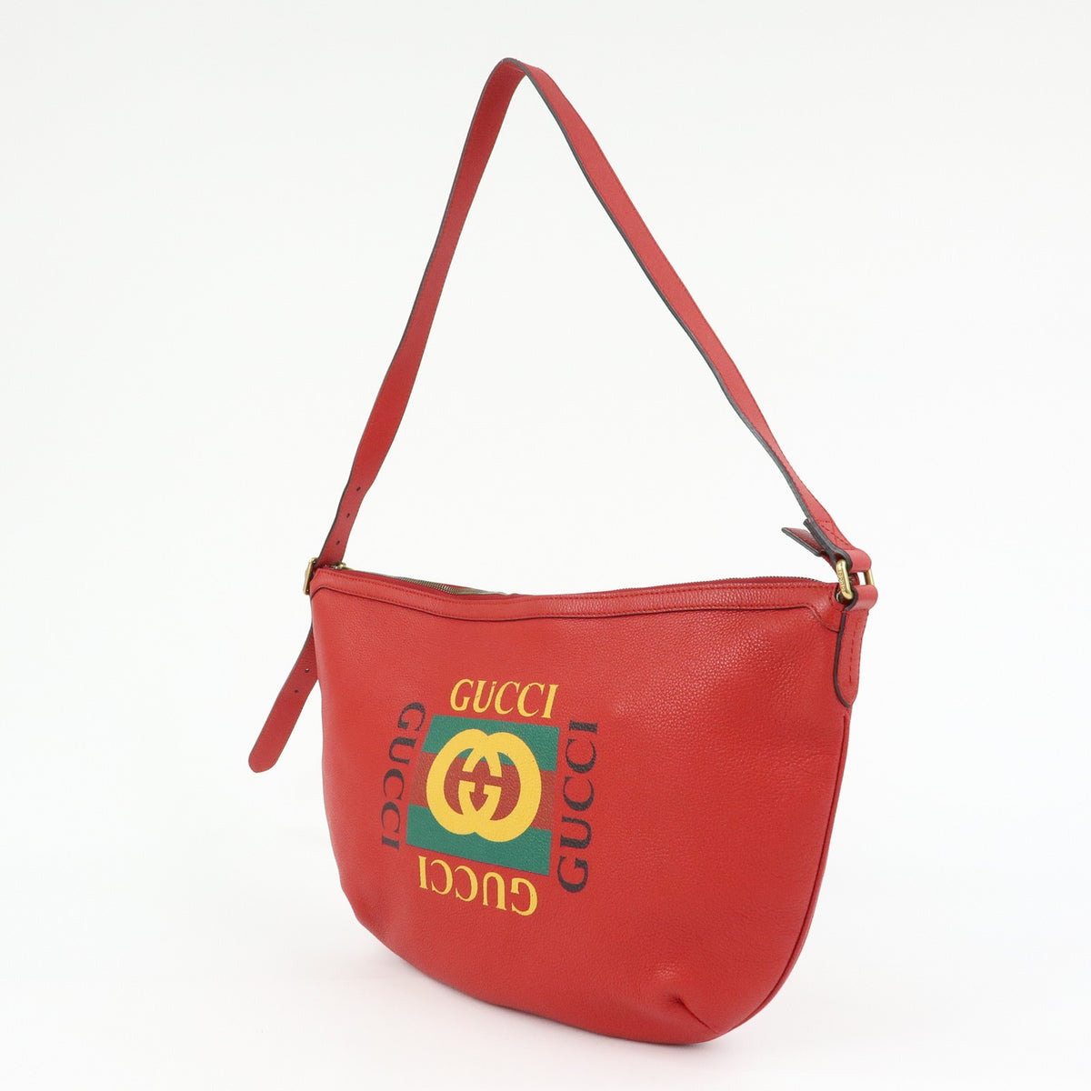 Gucci Logo Half-Moon Hobo Printed Leather, Red, Leather, Shoulder Bag