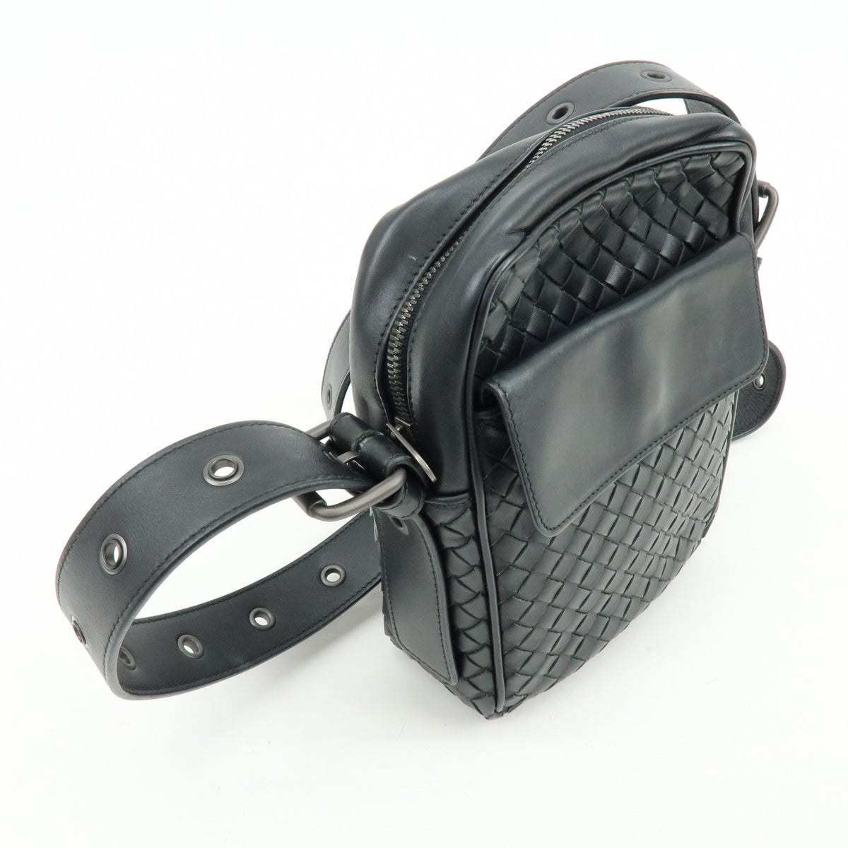 Bottega Veneta Front Pocket Messenger Intrecciato Nappa, Black, Leather, Handbag