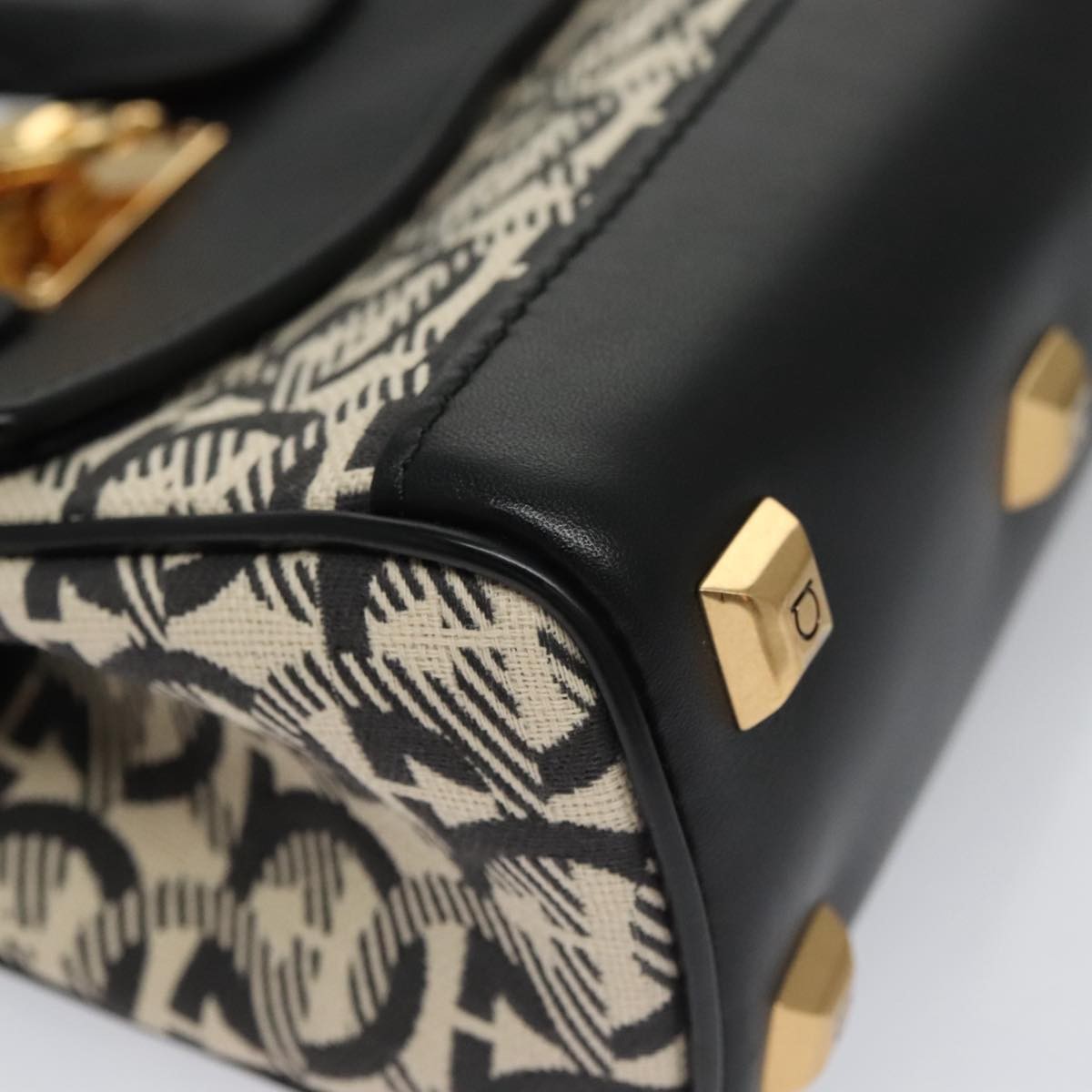 Salvatore Ferragamo Studio Satchel Gancini Jacquard and Leather, Black, Canvas, Handbag
