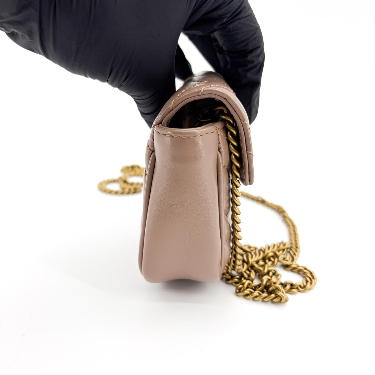Gucci GG Marmont Flap Chevron Leather, Beige, Leather, Shoulder Bag