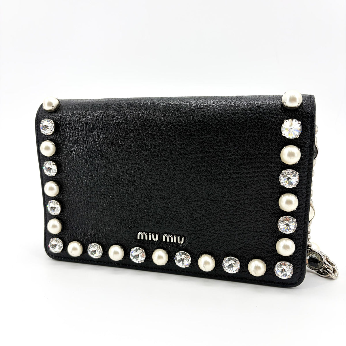 Miu Miu Crystal and Pearl Chain Clutch Embellished Leather, Black, Leather, Clutch