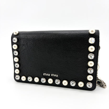 Miu Miu Crystal and Pearl Chain Clutch Embellished Leather, Black, Leather, Clutch