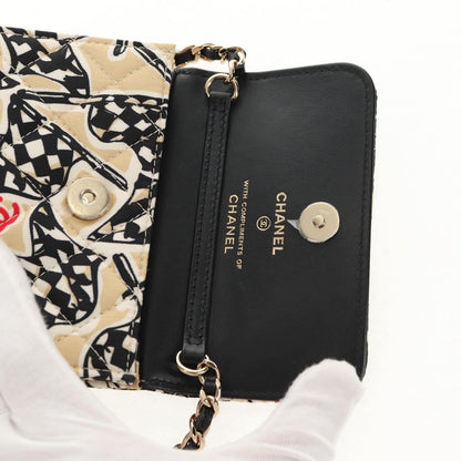 Chanel Flap Card Holder on Chain Quilted Printed Canvas, Beige, Satin, Shoulder Bag