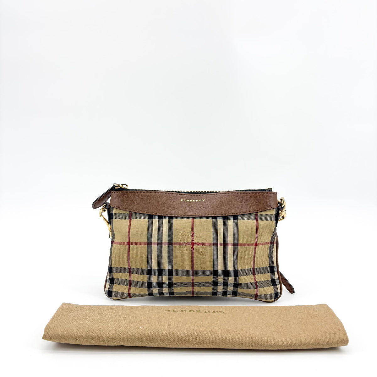 Burberry Peyton Crossbody Clutch Haymarket Coated Canvas, Brown, Canvas, Crossbody Bag