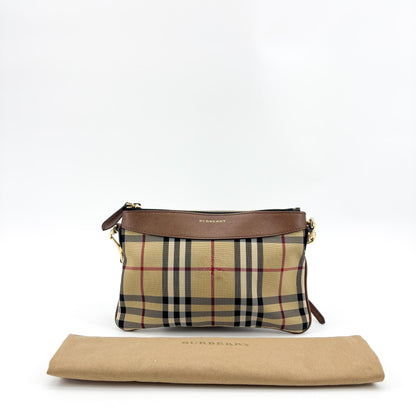 Burberry Peyton Crossbody Clutch Haymarket Coated Canvas, Brown, Canvas, Crossbody Bag