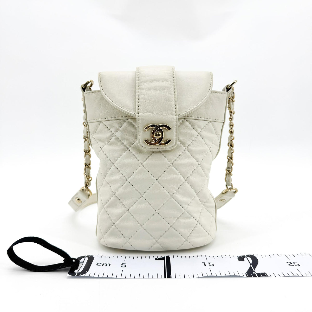 Chanel CC Lock Flap Bucket Quilted Lambskin, White, Leather, Shoulder Bag