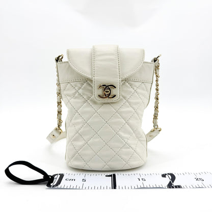 Chanel CC Lock Flap Bucket Quilted Lambskin, White, Leather, Shoulder Bag