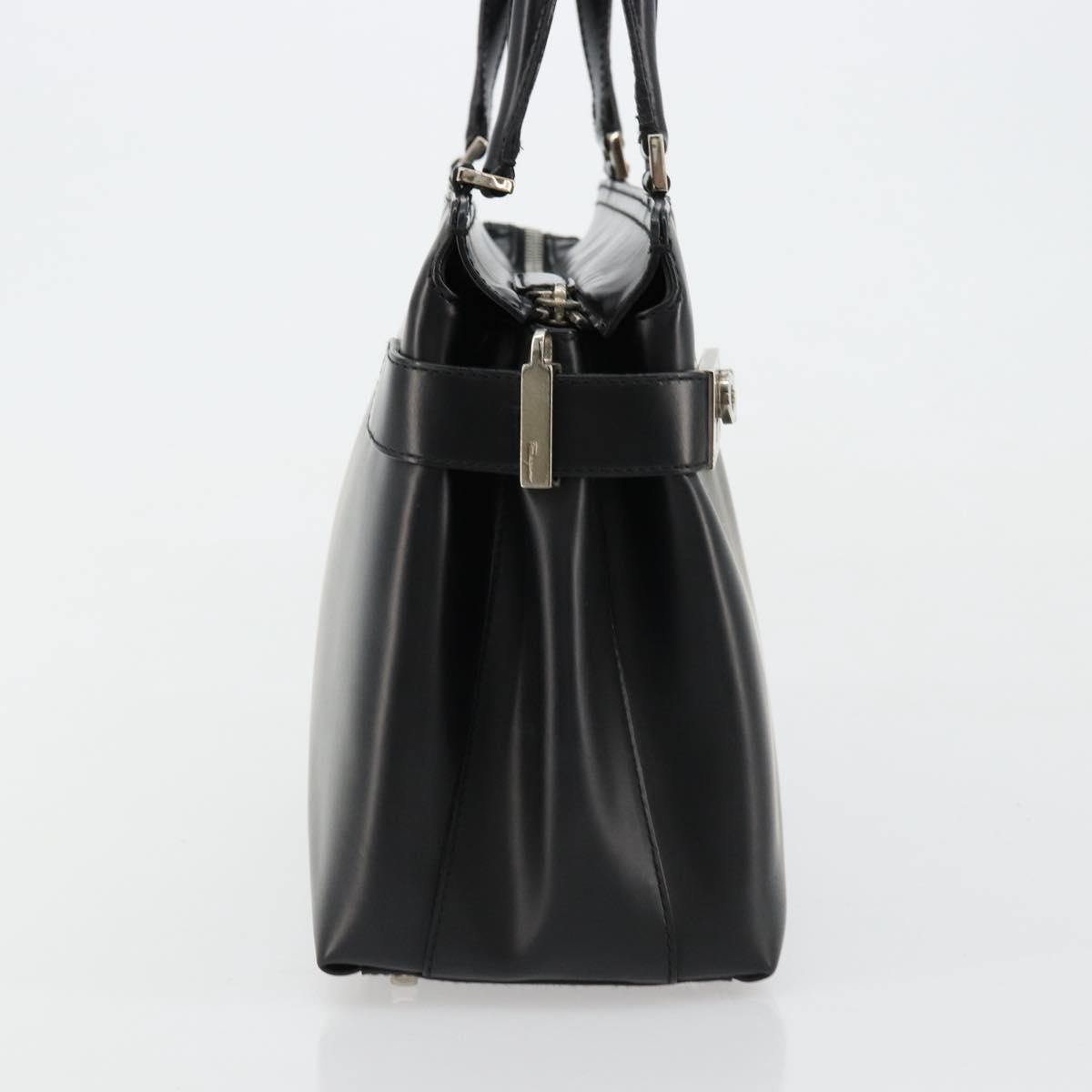 Salvatore Ferragamo Double Gancini Side Buckle Leather, Black, Leather, Tote Bag