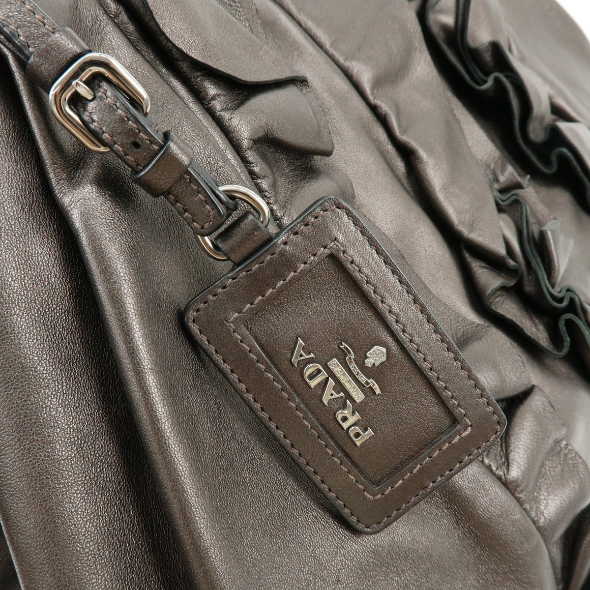 Prada Ruffle Hobo Nappa Leather, Brown, Leather, Shoulder Bag