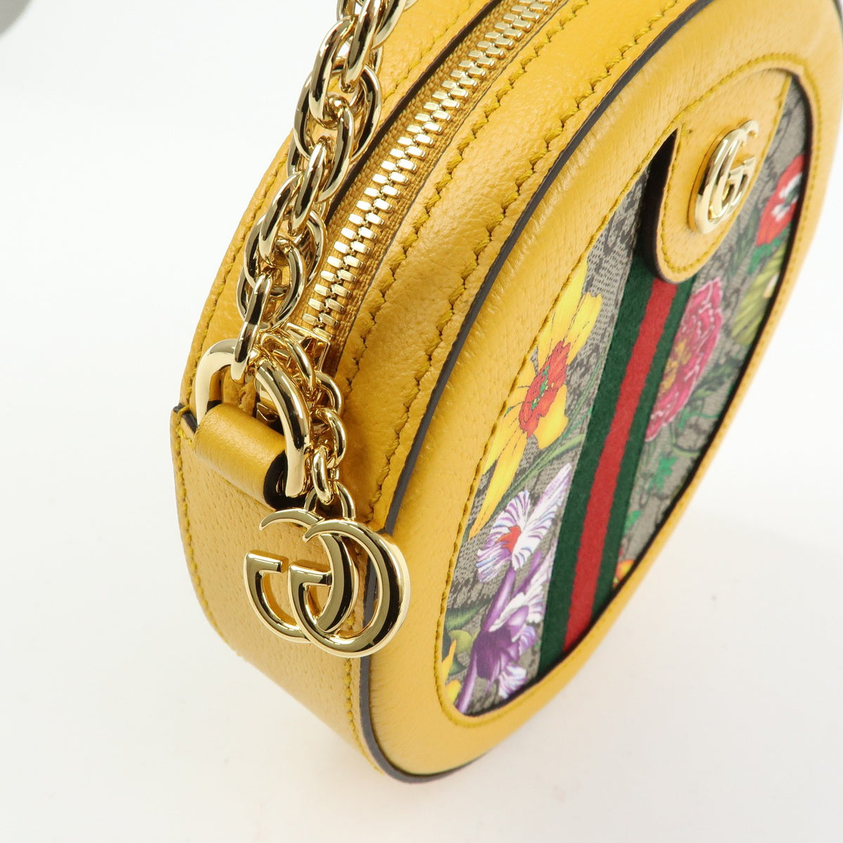 Gucci Ophidia Round Flora GG Coated Canvas, Yellow, Leather, Shoulder Bag