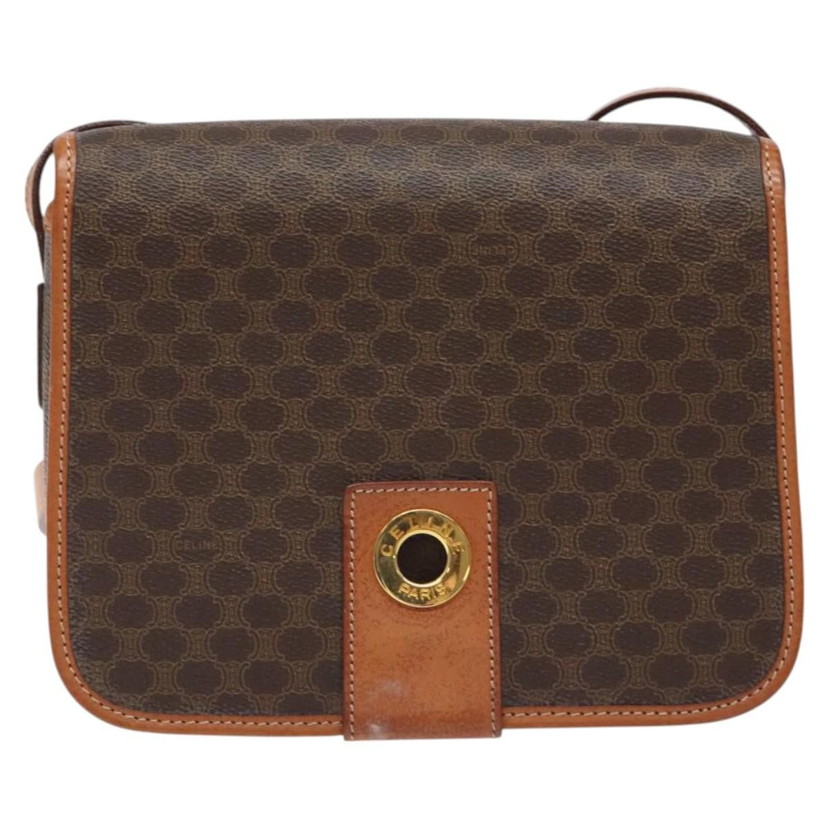 Celine Vintage Macadam Circle Logo Canvas and Leather, Brown, Canvas, Shoulder Bag