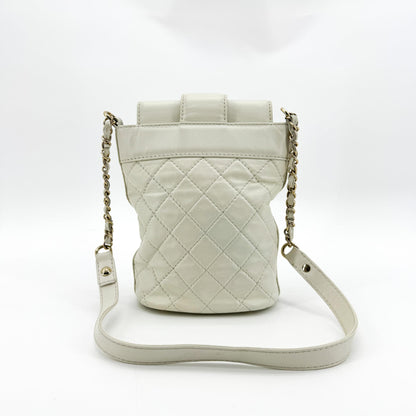 Chanel CC Lock Flap Bucket Quilted Lambskin, White, Leather, Shoulder Bag