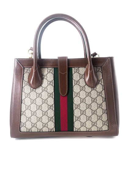 Gucci Ophidia Top Handle Tote GG Coated Canvas with Leather, BROWN, CANVAS, Handbag