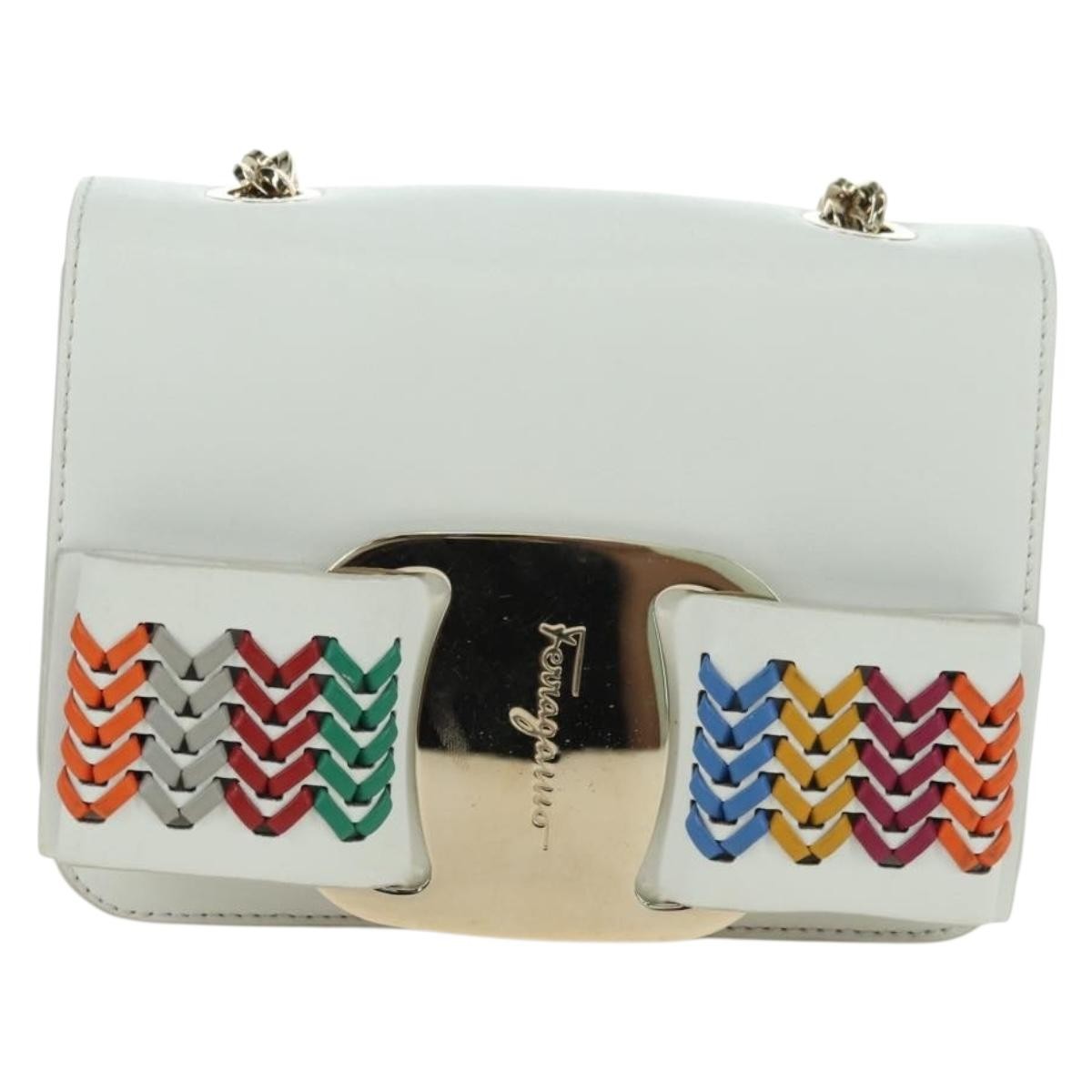 Salvatore Ferragamo Vala Chain Leather, White, Leather, Shoulder Bag