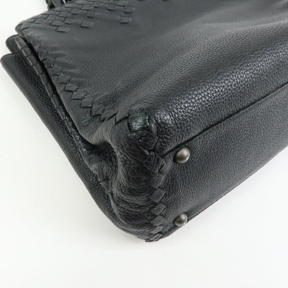 Bottega Veneta A-Shape Leather with Intrecciato Detail, Black, Leather, Tote Bag