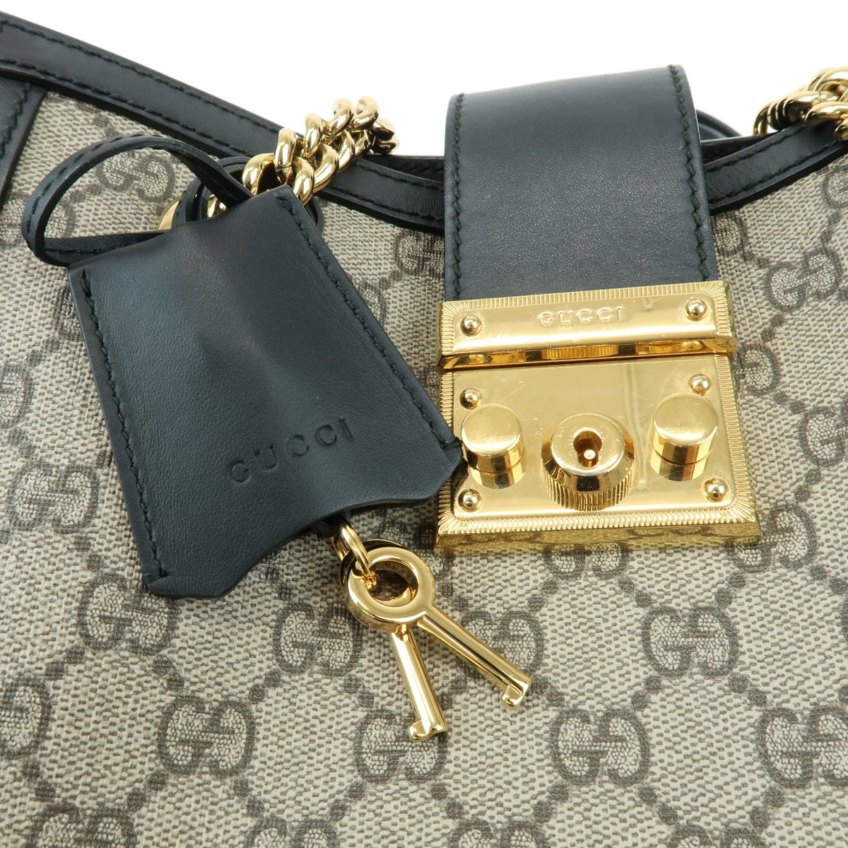 Gucci Padlock Chain GG Coated Canvas with Leather, Beige, Canvas, Tote Bag