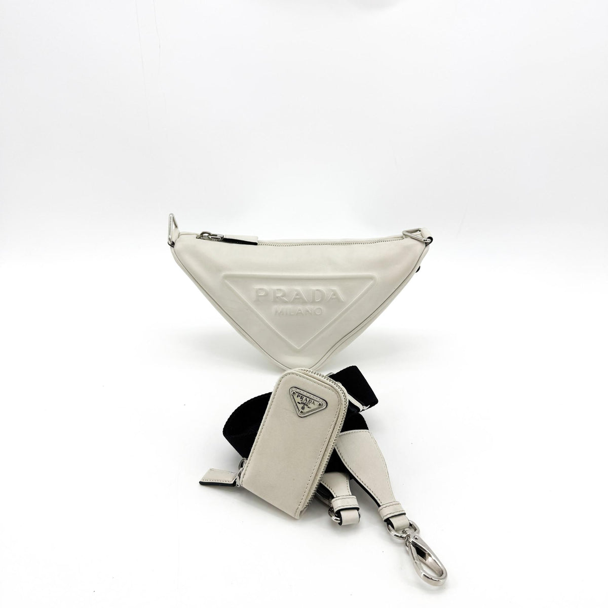 Prada Triangle Logo Zip Leather, White, Leather, Crossbody Bag