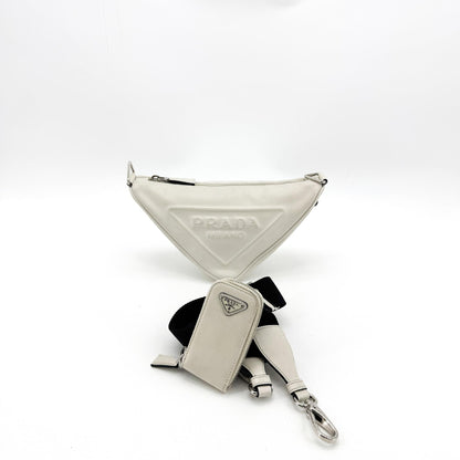 Prada Triangle Logo Zip Leather, White, Leather, Crossbody Bag