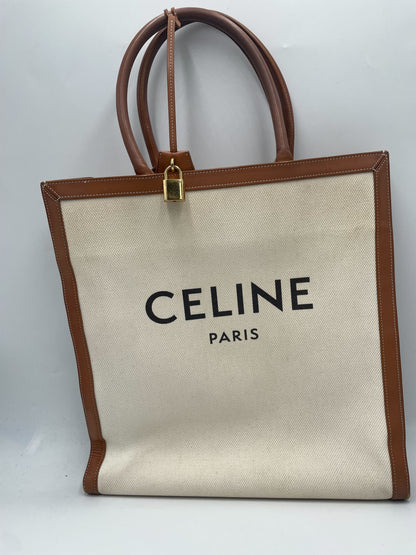 Celine Vertical Square Cabas Tote Canvas with Leather, BROWN, CANVAS, Tote bag