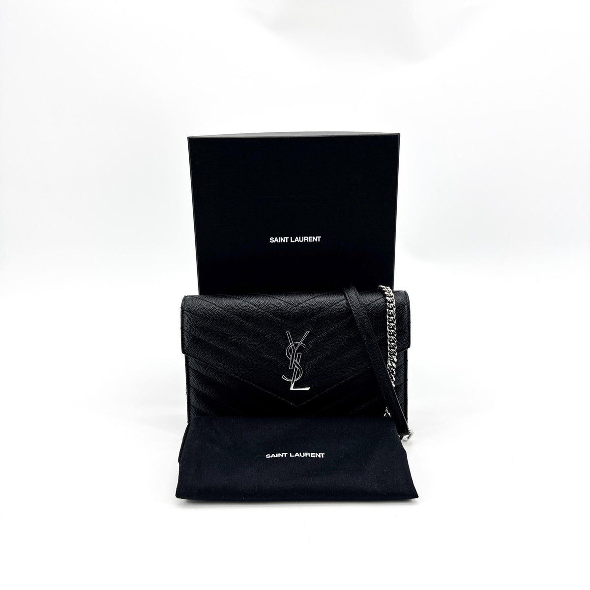 Saint Laurent Classic Monogram Wallet on Chain Matelasse Chevron Leather, Black, Leather, Crossbody Bag