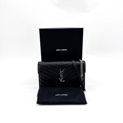 Saint Laurent Classic Monogram Wallet on Chain Matelasse Chevron Leather, Black, Leather, Crossbody Bag