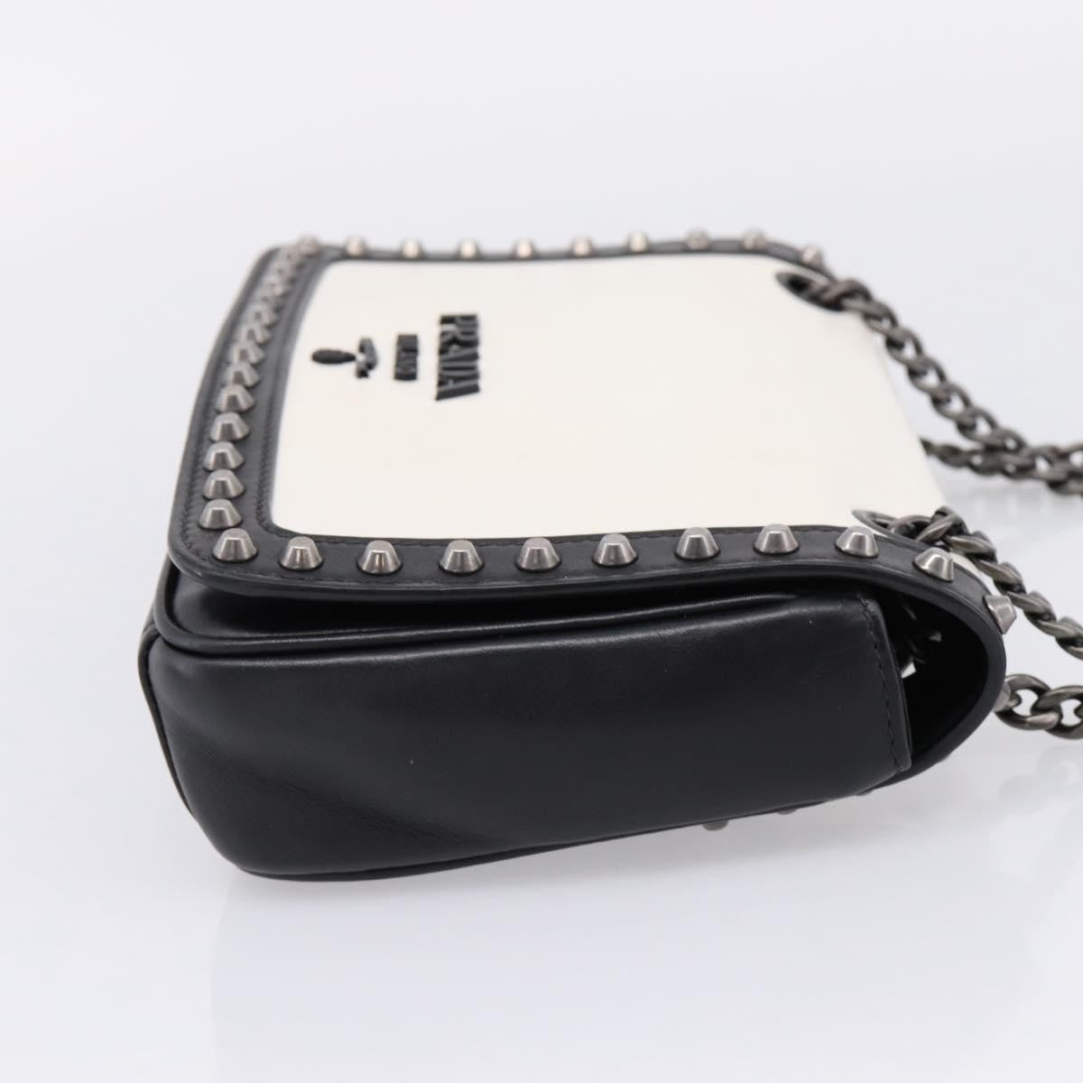 Prada Chain Flap Studded Glace Calf, White, Leather, Shoulder Bag
